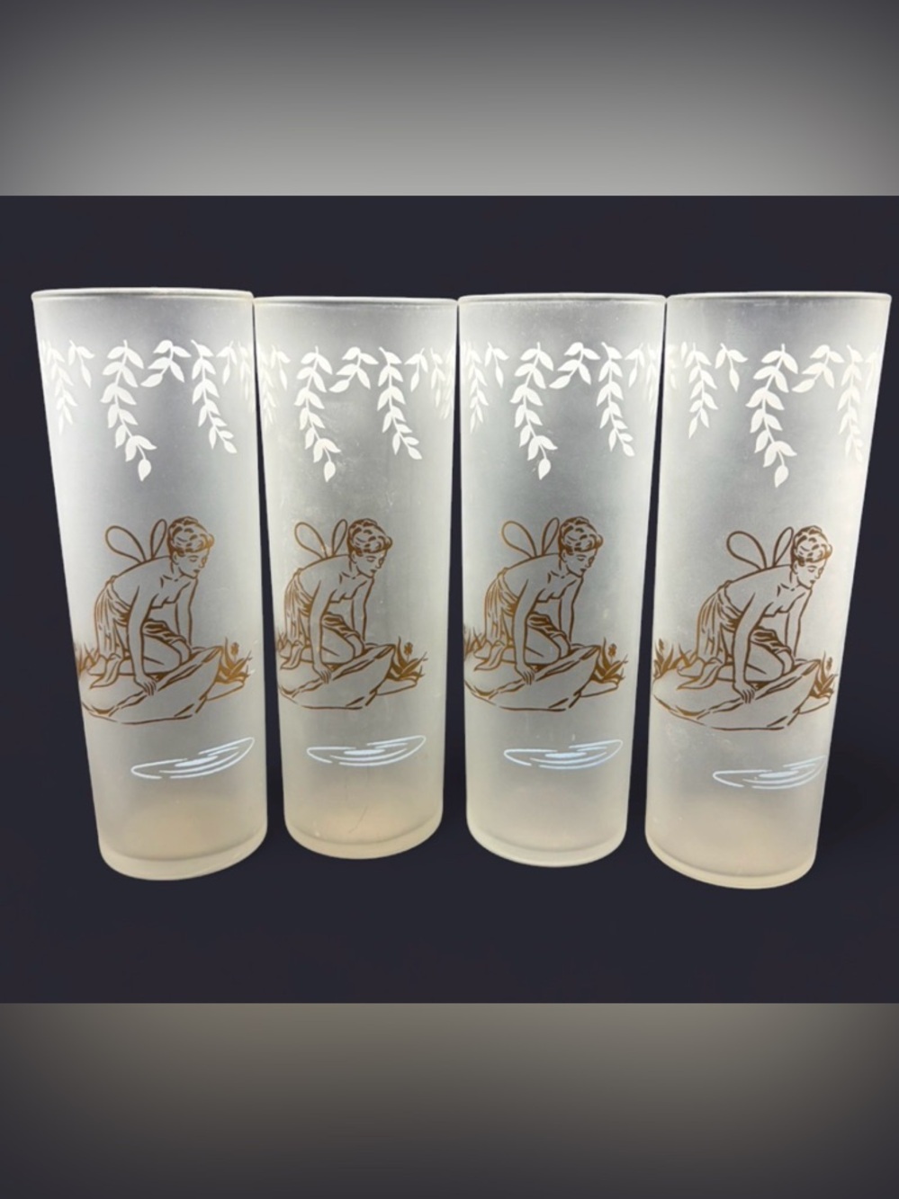 4 Vintage Libbey Fairy Pixie Nymph Frosted Highball Cocktail Glasses Barware